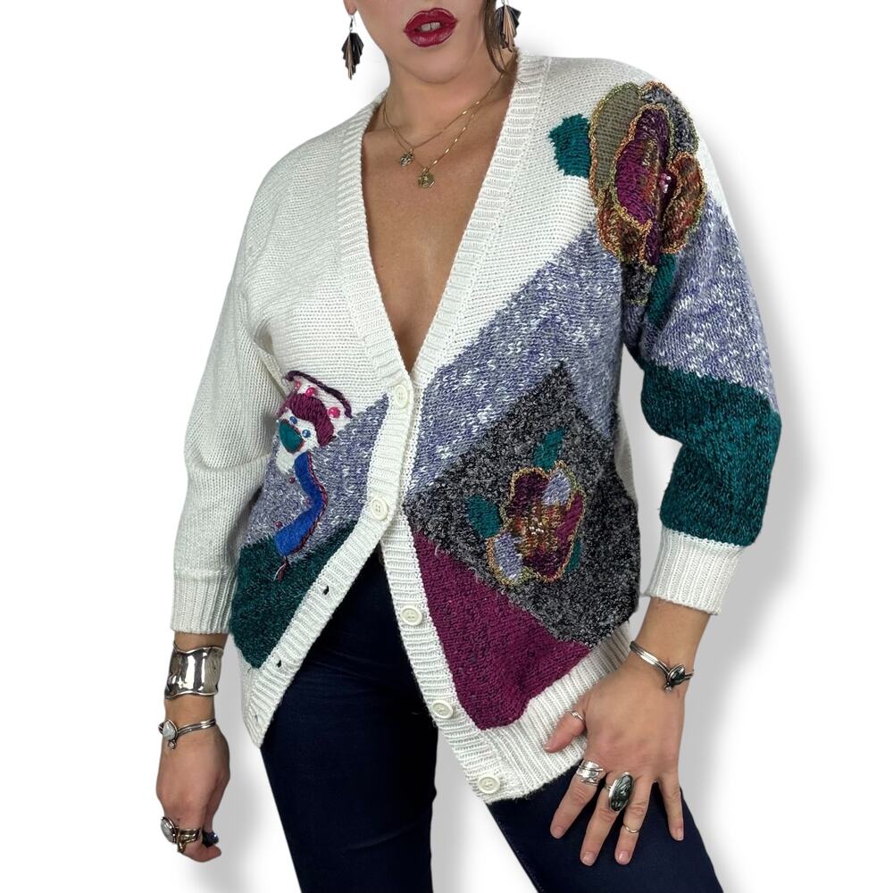 80's JACLYN SMITH funk knit cardigan sweater with metallic thread and beads - Picture 17 of 17